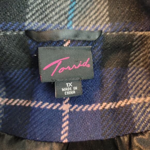 Torrid Vintage Double Breasted Gray/Black/Blue/Yellow Plaid Jacket w Belt 1/1X - Picture 5 of 7